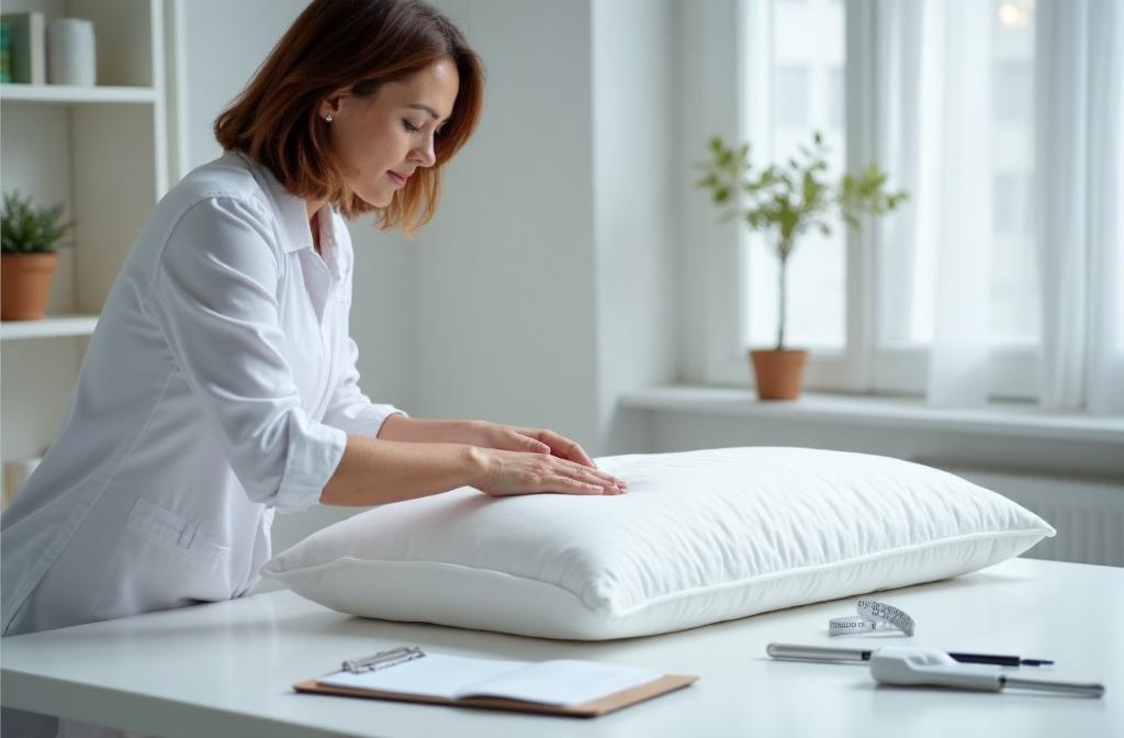 Pillow tester performing hands-on pillow firmness and compression testing with measurement tools